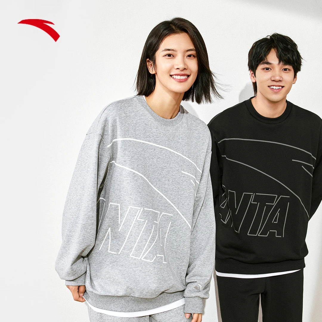 安踏情侣卫衣男女同款2024春季宽松圆领套头潮流百搭长袖运动上衣