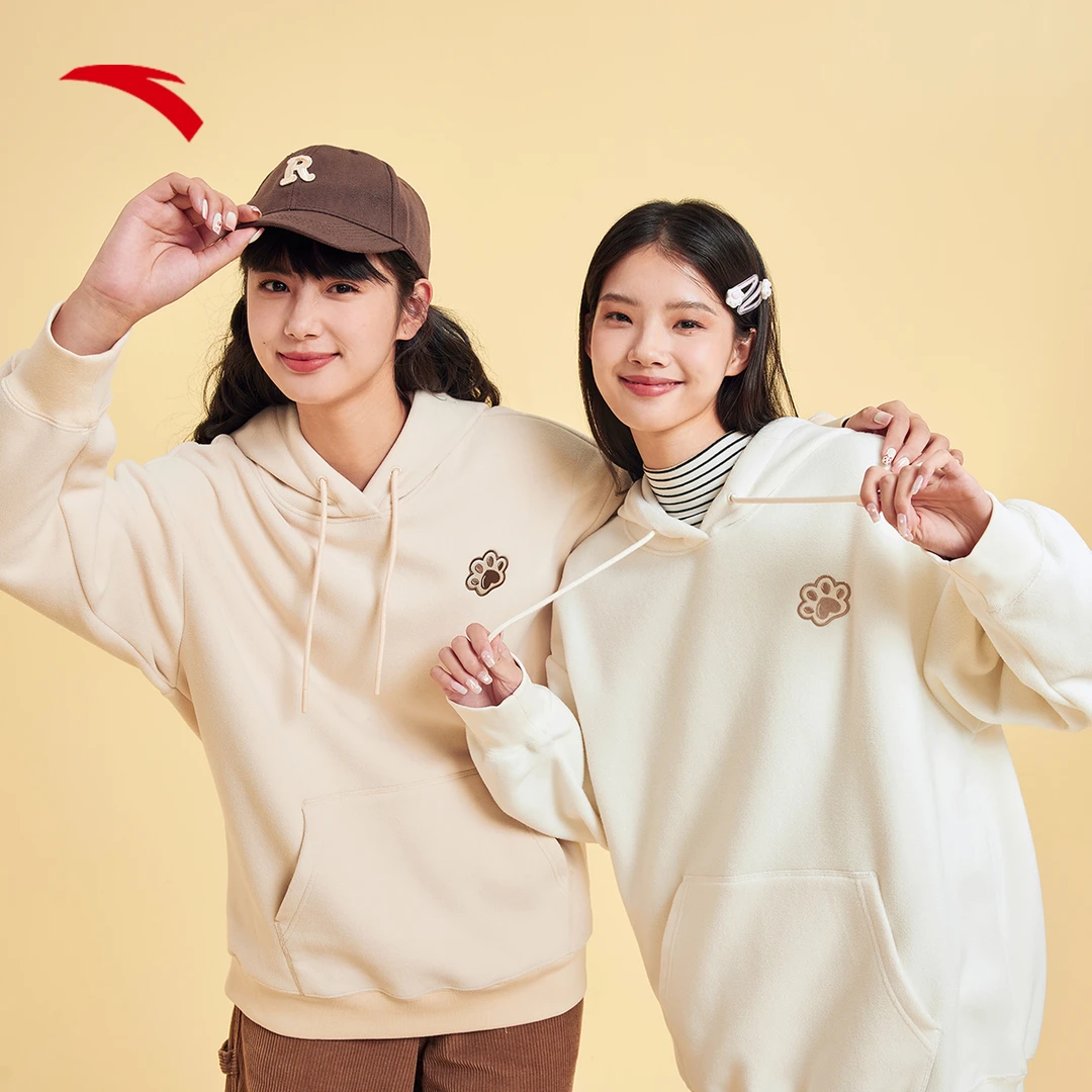 安踏喵喵卫衣丨加绒连帽卫衣女春季新款宽松潮流抓绒刺绣套头衫