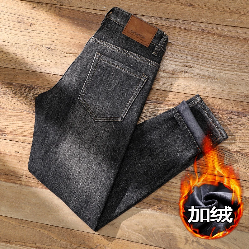 高端牛仔裤男款九分加绒加厚直筒修身复古弹力潮牌保暖休闲长裤子