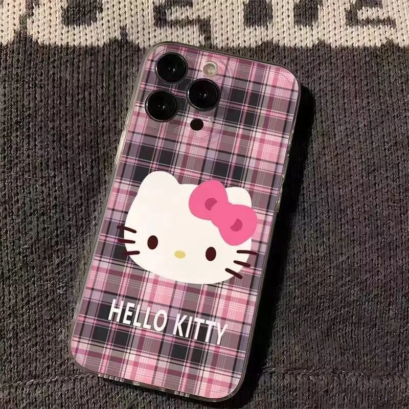 格纹kt猫适用苹果15/14手机壳11iphone13pro女12华为vivo小米oppo