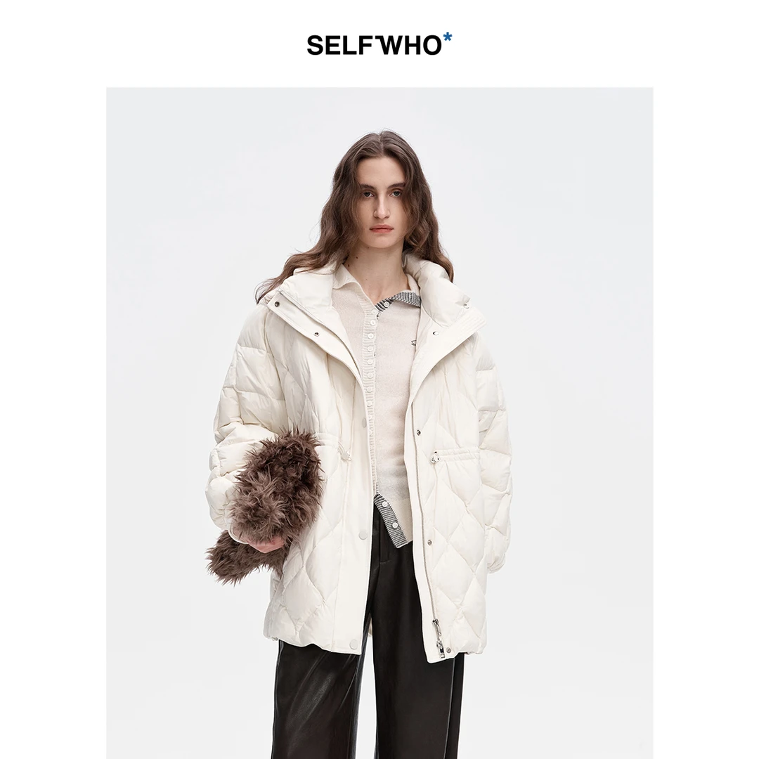 SELFWHO90白鸭绒白色菱格绗缝羽绒服女2024冬季宽松保暖拉链外套