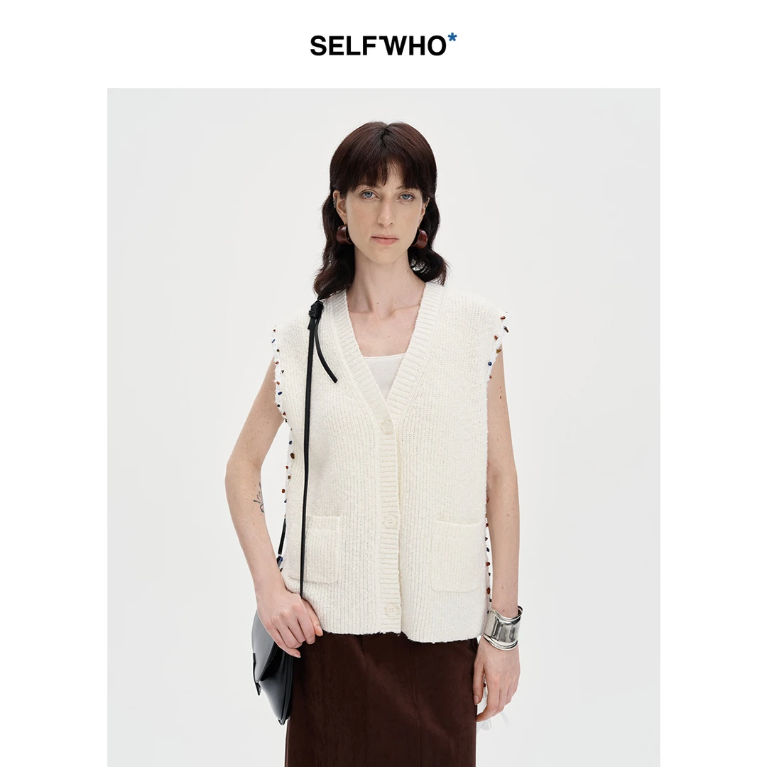 SELFWHO混纺开衫毛衣马甲女2024秋新v领手编织带针织衫