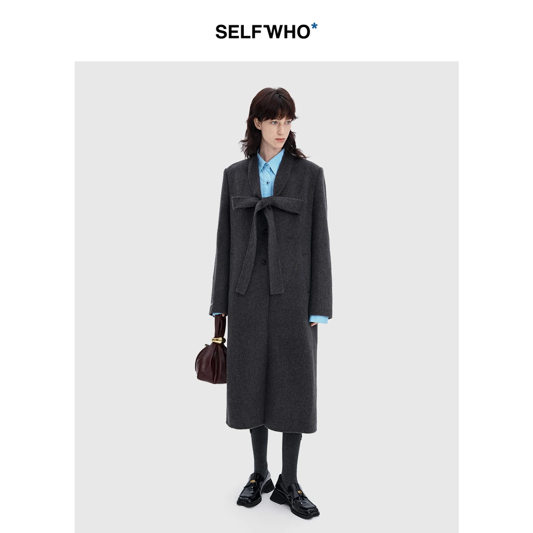 SELFWHO绵羊毛驼绒混纺灰色毛呢外套女2024秋冬新双面呢绑带大衣