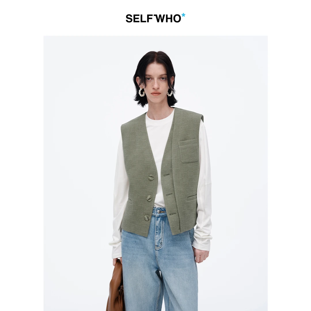SELFWHO绿色背心马甲女2024冬季新款V领气质百搭宽松马甲