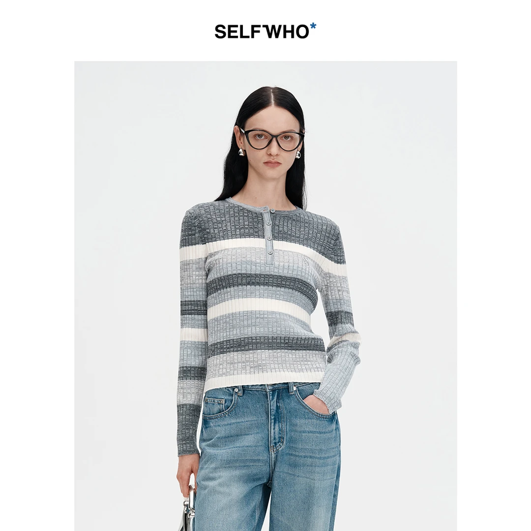 SELFWHO白灰色绵羊毛混纺条纹针织衫女秋季2024新款撞色慵懒上衣