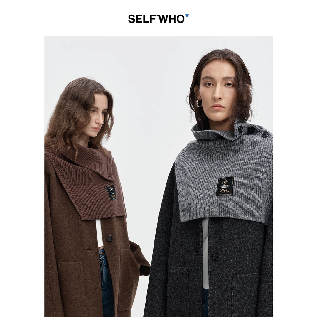 SELFWHO羊毛混纺纯色披肩连帽围脖女2024秋冬新款设计感大衣搭配