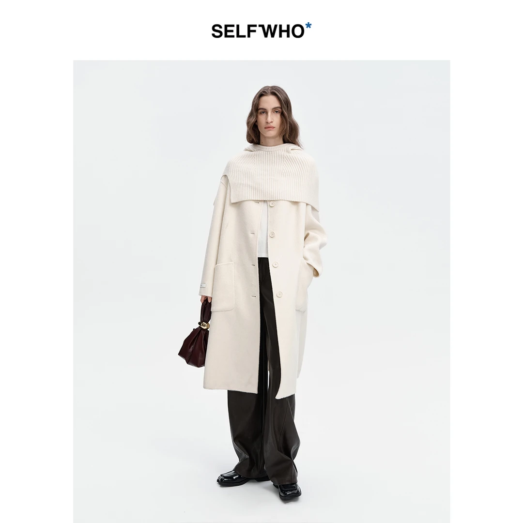SELFWHO绵羊毛混纺毛织连帽围巾双面呢大衣女2024秋冬单排扣外套