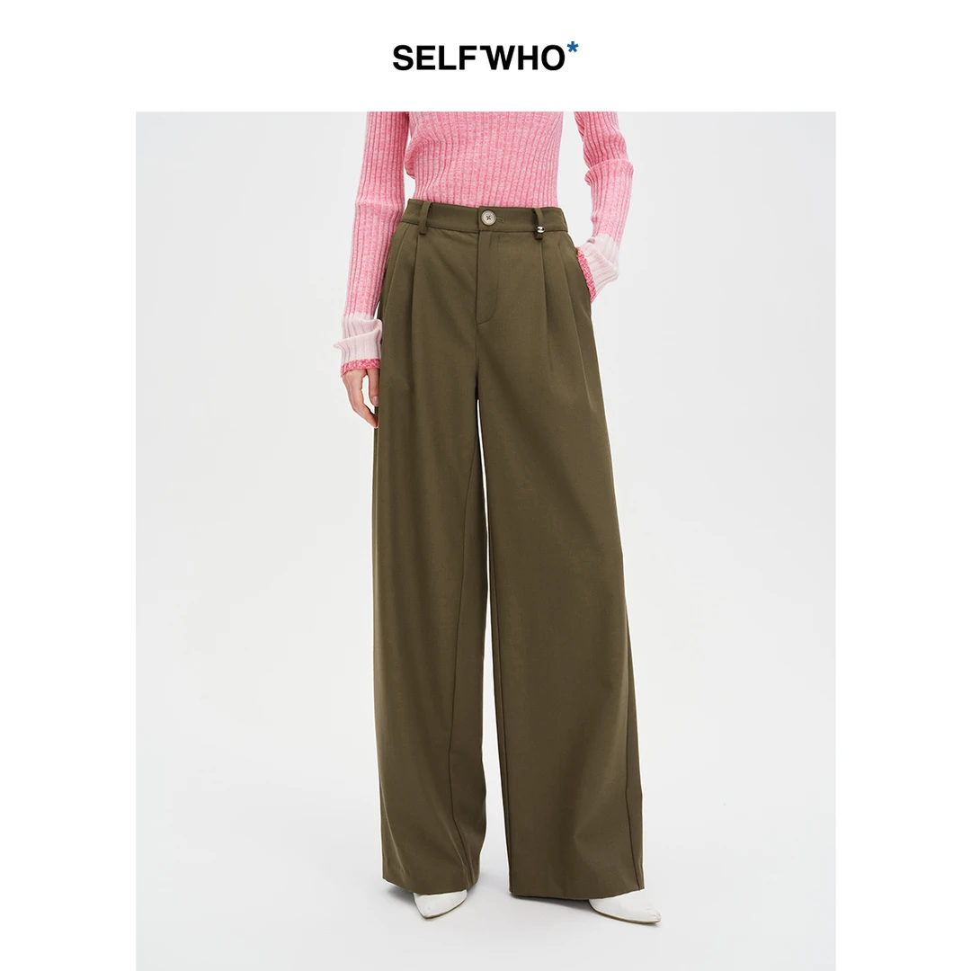 SELFWHO羊毛混纺棕色阔腿休闲裤女2024秋季新款复古通勤宽松西裤