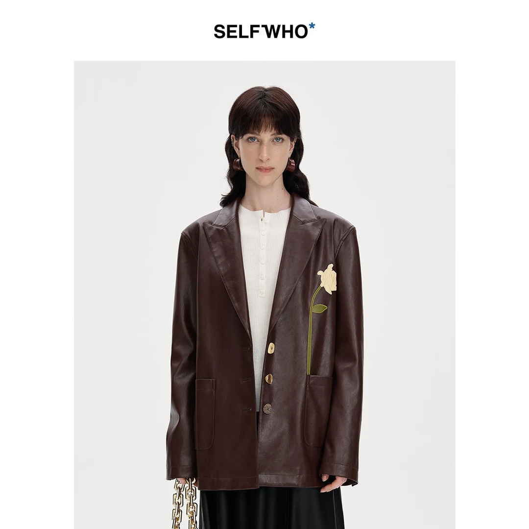 SELFWHO美式复古pu皮西装外套女2024秋季新款宽松通勤设计感西服
