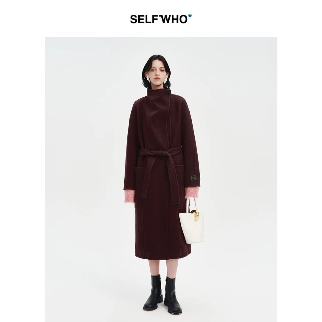 SELFWHO绵羊毛混纺红色双面呢长款大衣女2024冬新款高领保暖外套