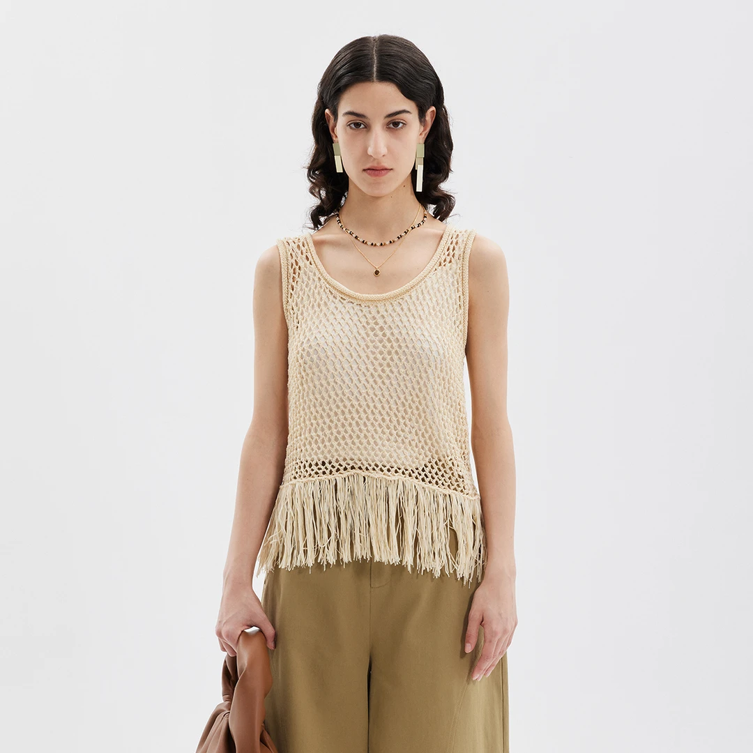 SELFWHO针织渔网吊带背心2024夏季新款宽松垂坠感慵懒度假风上衣