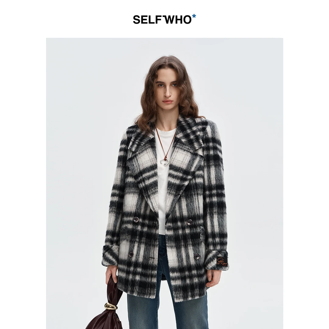 SELFWHO绵羊毛混纺墨白格双面呢西装外套女2024冬季新款宽松西服