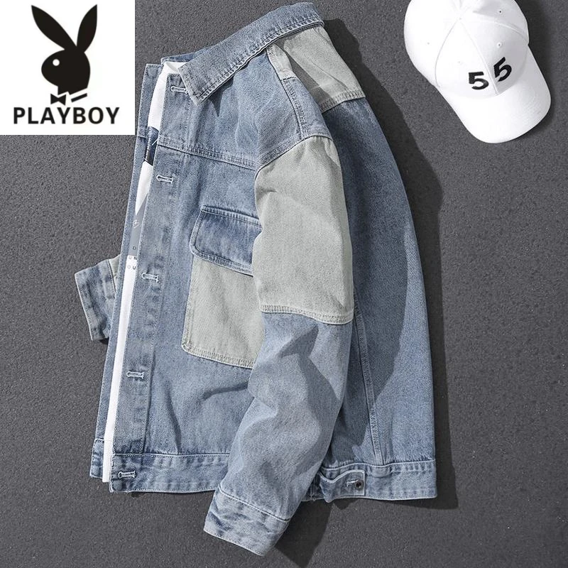 花花公子LAORENTOU/男士牛仔外套春秋大码休闲拼接夹克上衣潮牌宽