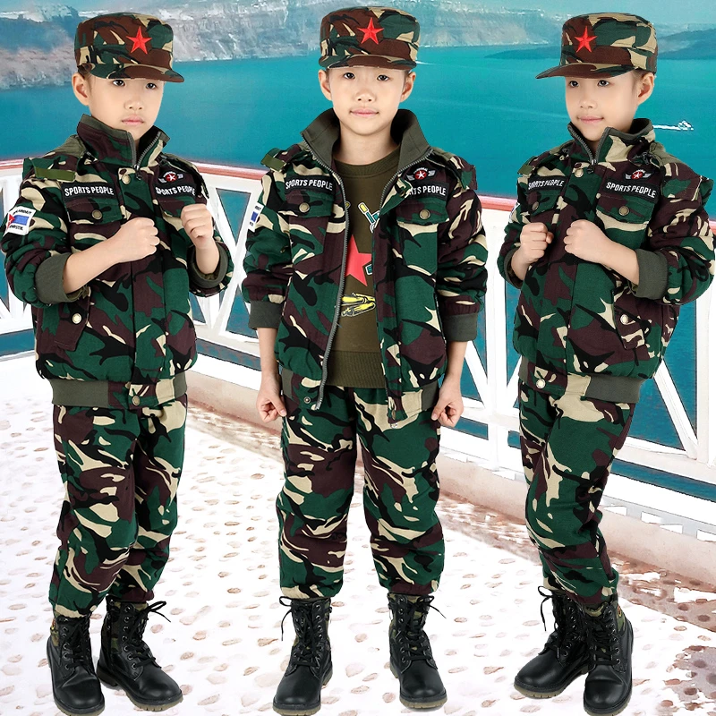 冬季新款儿童迷彩服套装中大童运动装男童休闲加绒厚棉服小童军装