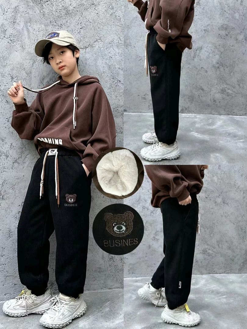 新款仿兔毛中大童绒加厚三和一欧棉绒大笑脸字母小熊刺绣棉裤休闲