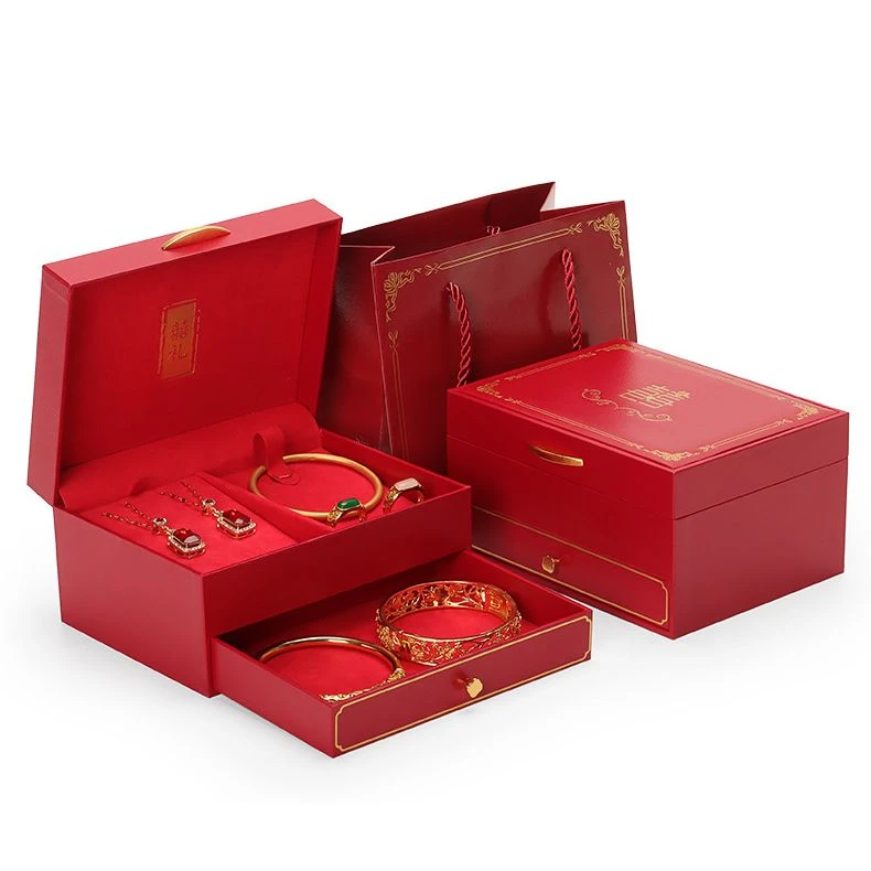 高档首饰盒收纳盒三五金饰品盒套装彩礼结婚订婚礼物盒双层婚庆盒