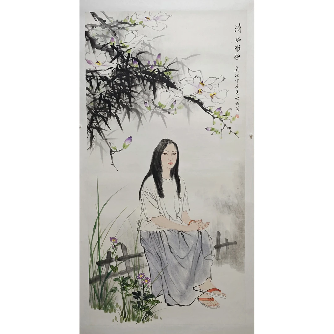 智临纯手绘国画作品现代美女人物仕女图四尺138x69cm手工托底
