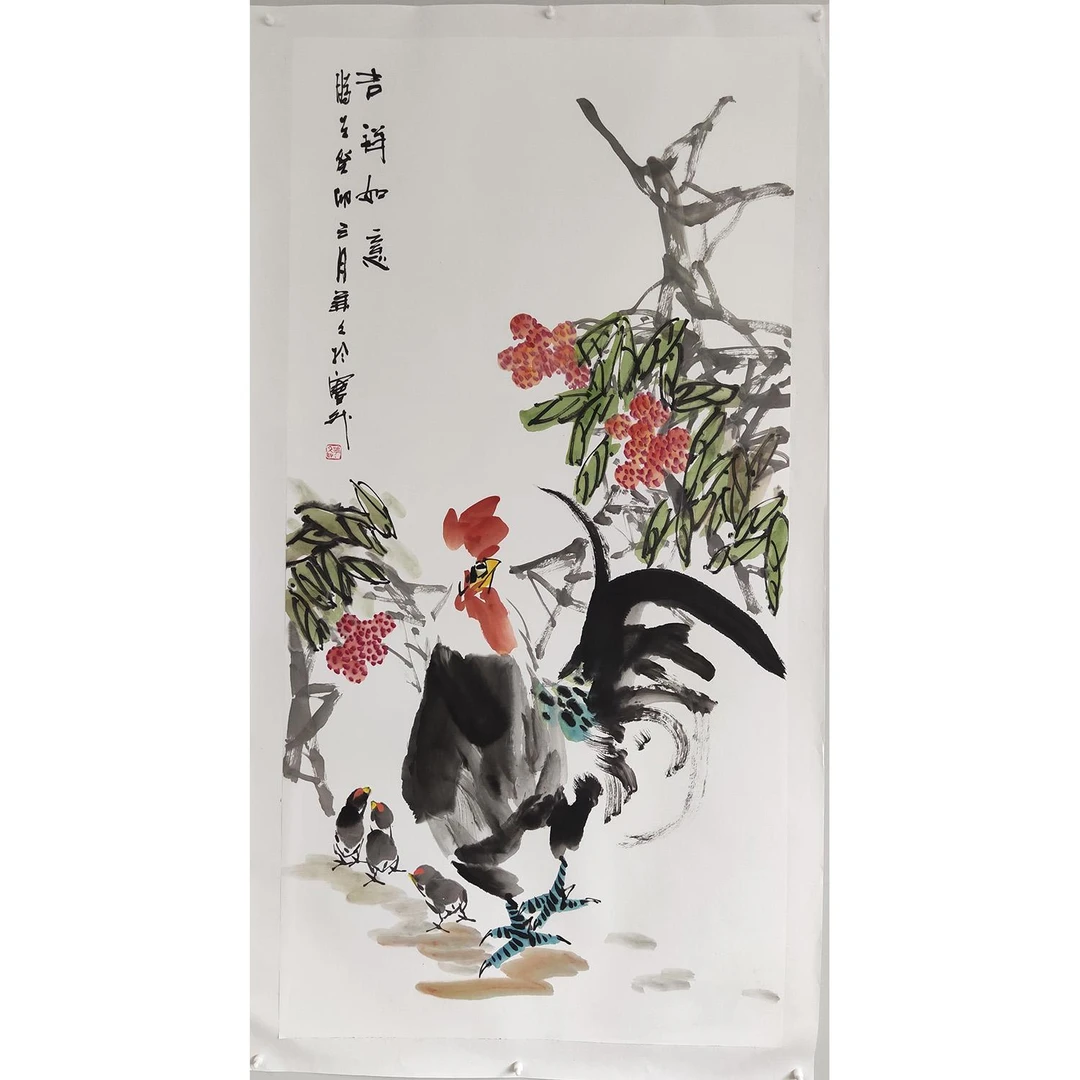孟华文手绘国画作品大写意花鸟四尺公鸡荷花138X69cm手工托底