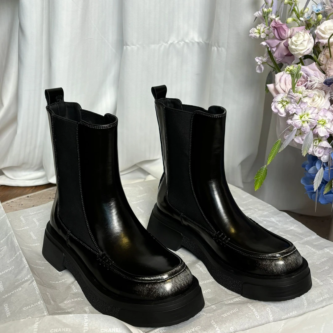 【回忆泛雨】4.5CM时尚百搭潮流黑色真皮厚底中筒秋冬英伦风靴子