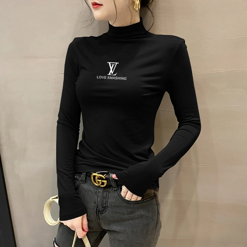 莫代尔黑色半高领长袖t恤女2025新款打底衫修身显瘦内搭洋气上衣