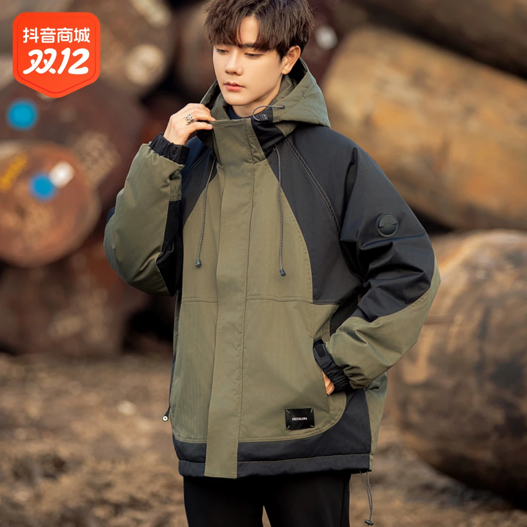 户外男士连帽冲锋衣羽绒服2023冬季新款加厚保暖爆款工装冬装外套