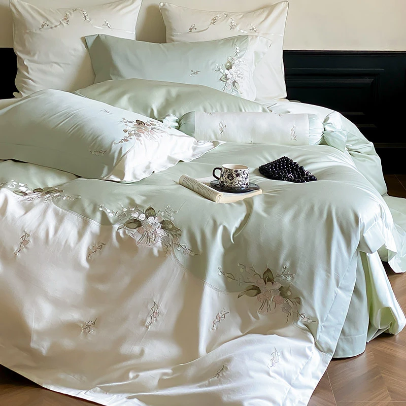 路约威格双股澳棉四件套全棉四季通用铃兰刺绣纯棉被套床上用品