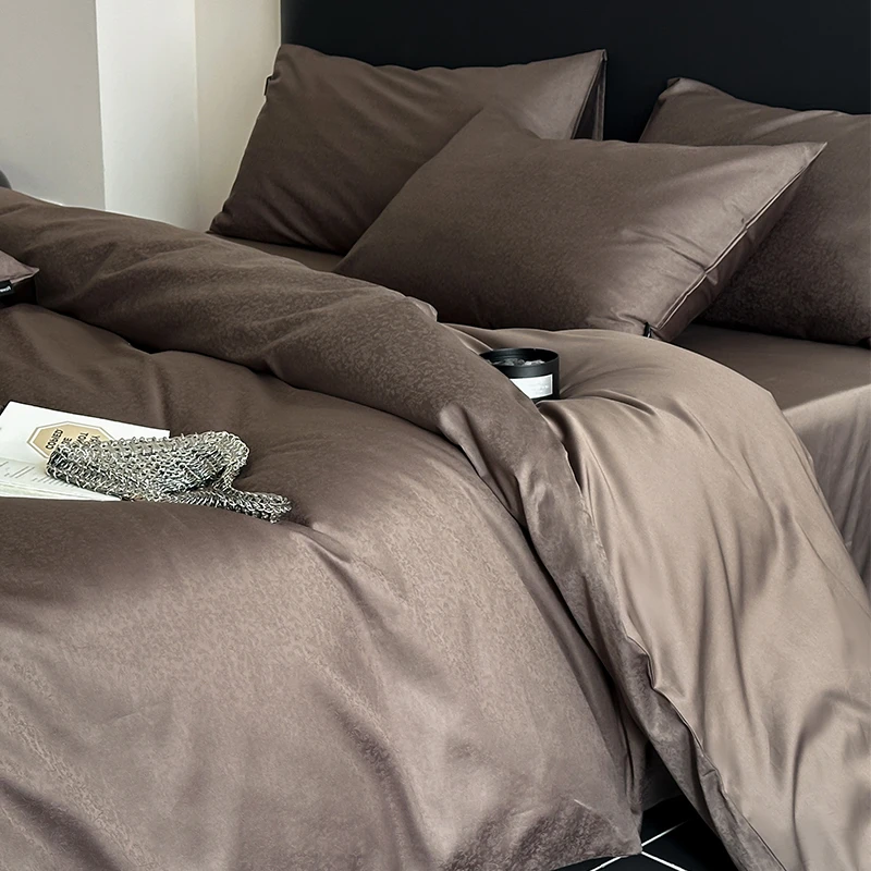 路约威格轻奢长绒棉提花四件套全棉纯棉深咖色床单被套床上用品
