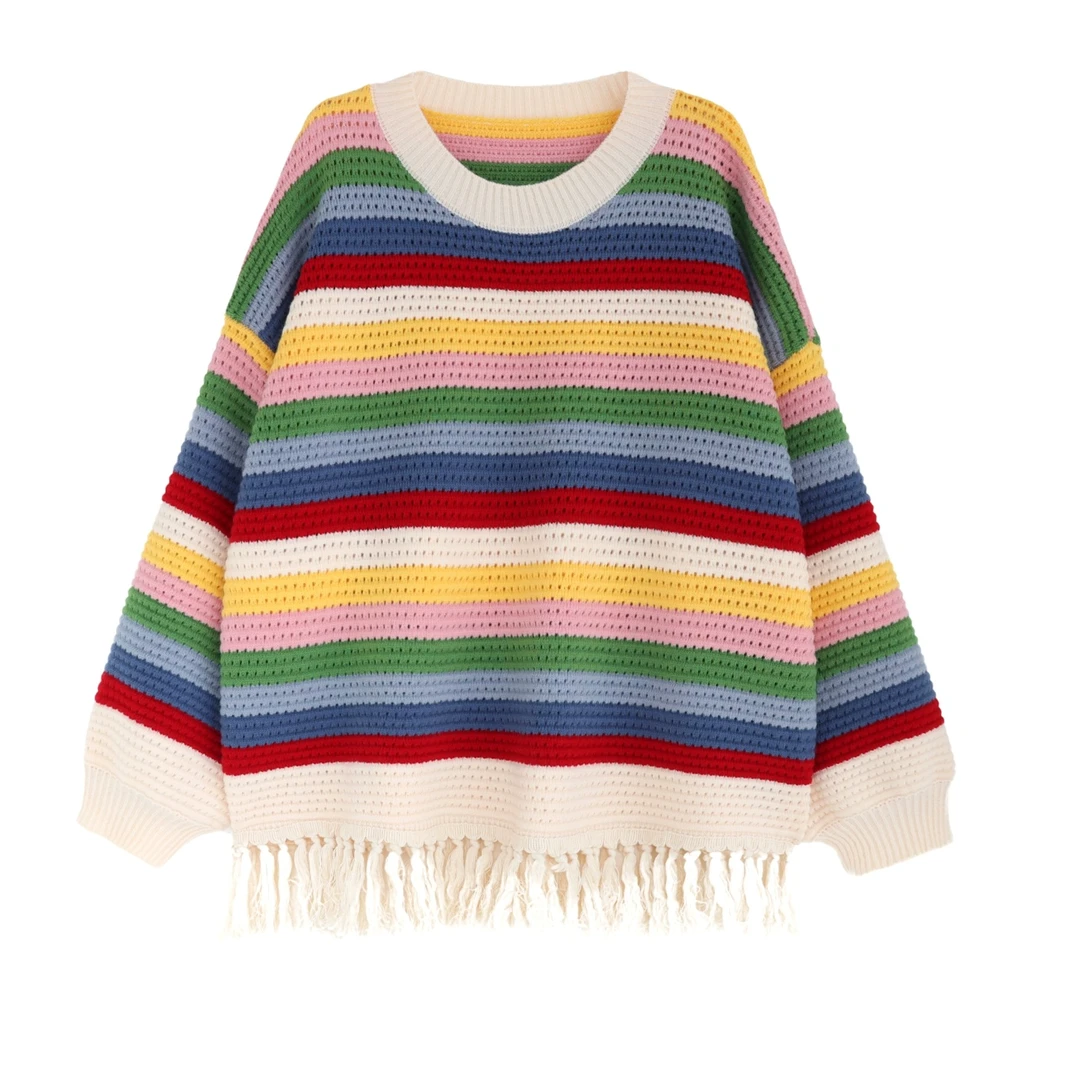 彩虹条纹流苏长袖针织衫毛衣女2024秋冬季新款宽松别致独特上衣厚