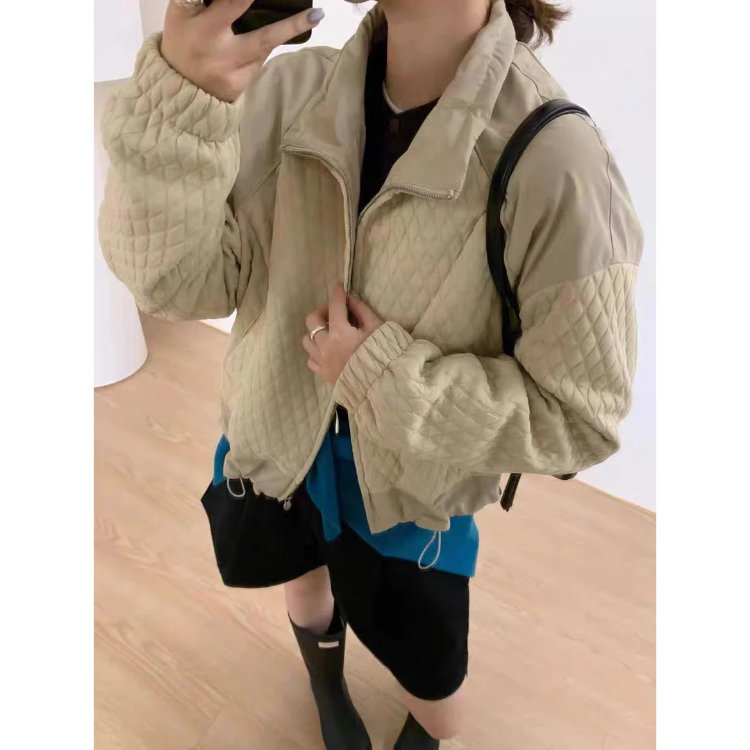 《8813》菱形格子立领短外套宽松设计感拼接棒球服女秋装2023潮韩版