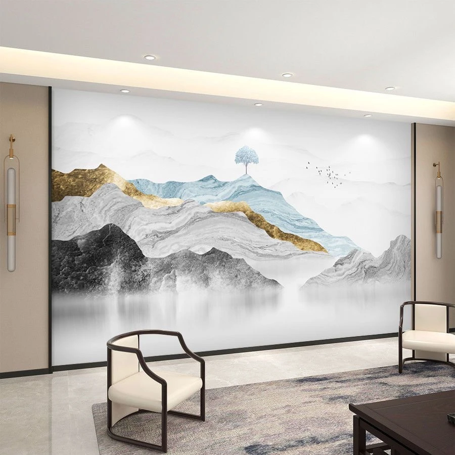 定制电视背景墙2025新款壁画中式山水风景画10d立体客厅无缝墙布