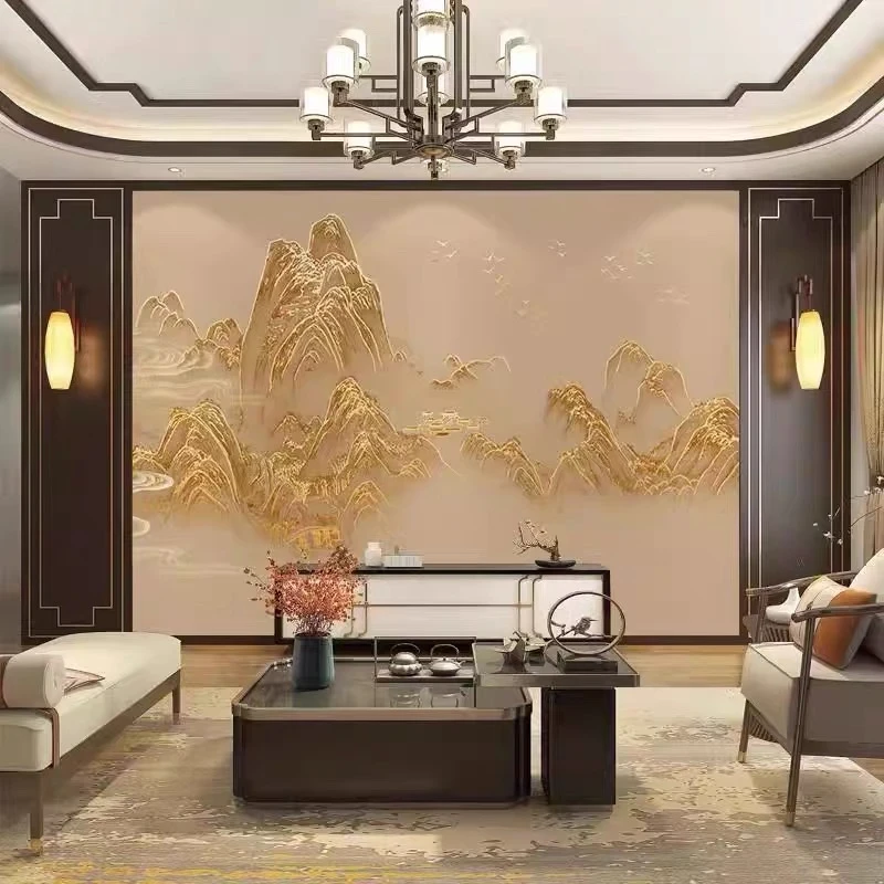 电视背景墙2025新款3d立体中式山水风景画山水画客厅无缝壁布壁画
