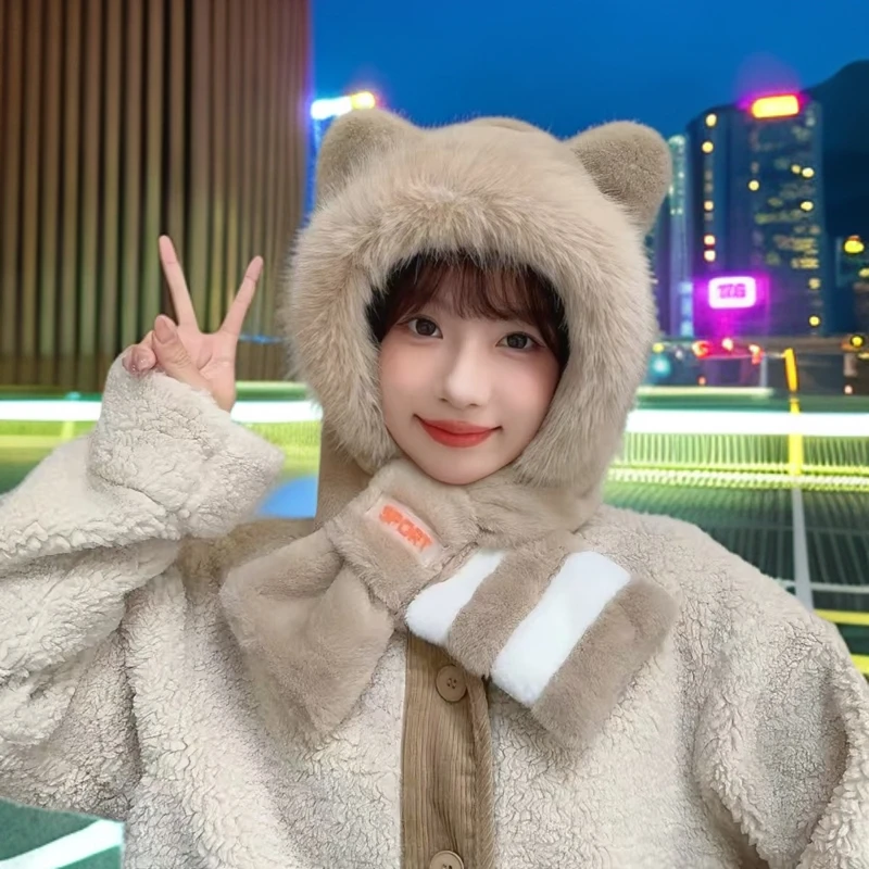 2024冬季新款可爱小熊猫毛绒帽围巾一体加绒加厚护耳防风防寒帽