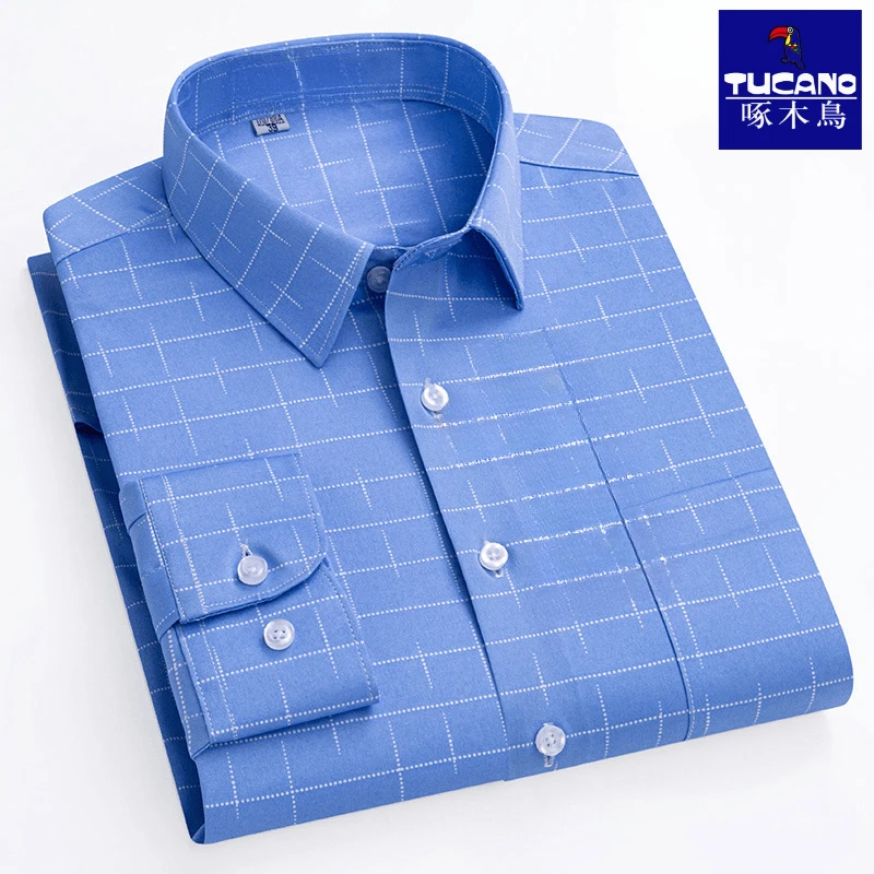 啄木鸟春秋季格子男士长袖衬衫弹力抗皱商务正装休闲条纹衬衣男士