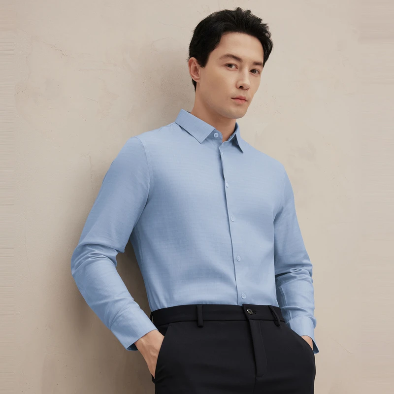 EMZ鄂尔多斯男士时尚商务休闲衬衣简约精致翻领纯色长袖百搭衬衫