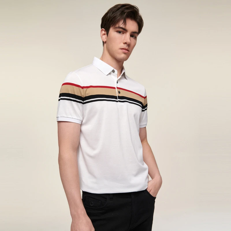 EMZ鄂尔多斯男款经典撞色商务休闲POLO衫夏季条纹透气翻领短袖