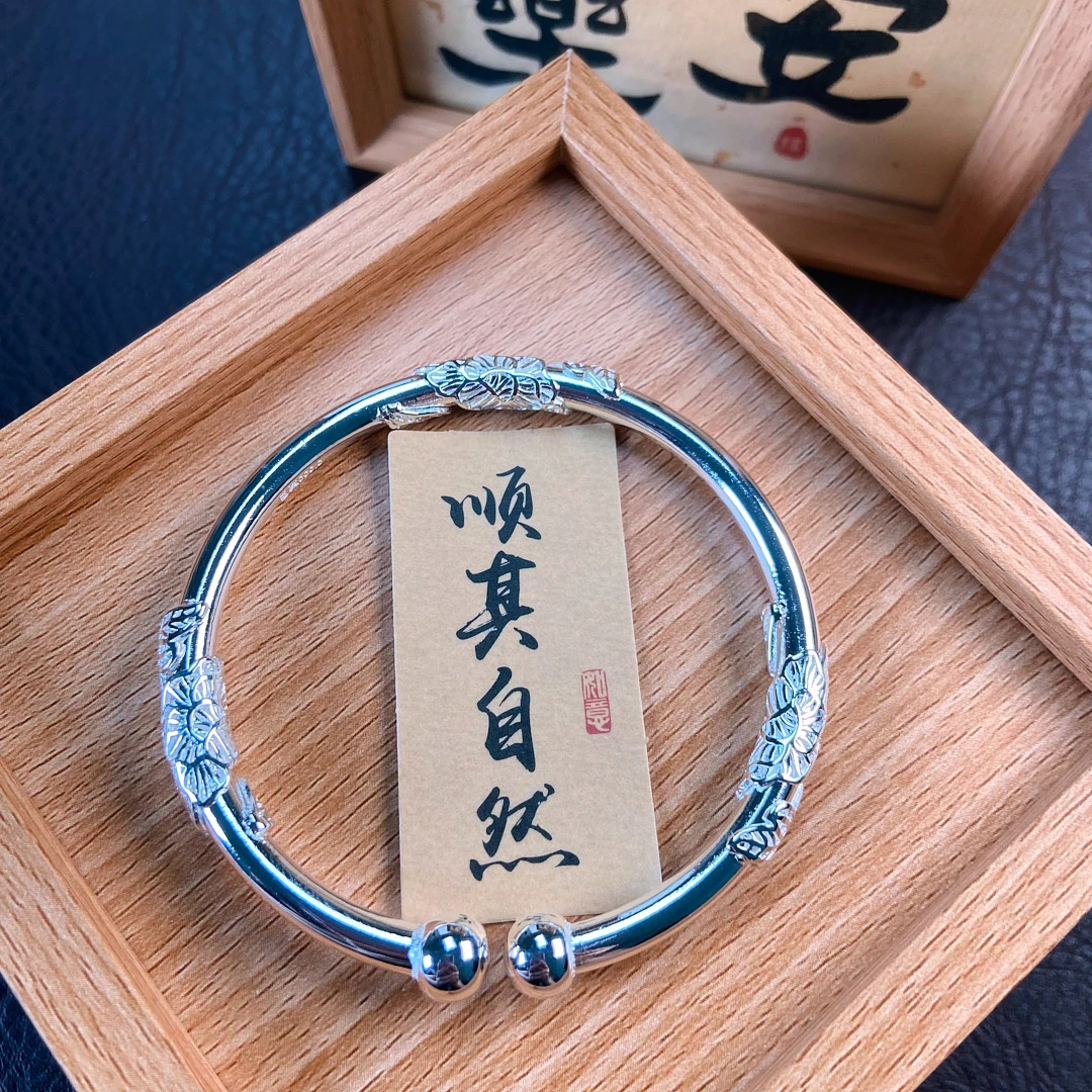 足银银制品 编号912：繁花对珠手镯足银手镯1