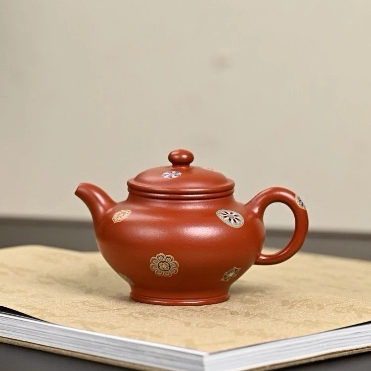 220毫升宜兴紫砂壶手工泡茶壶珐琅彩皮球花原矿皱皮朱泥掇只壶