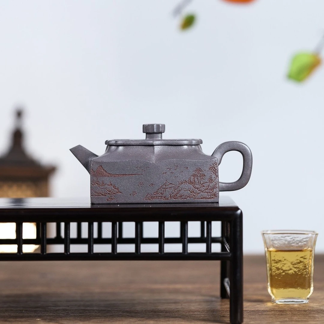 200毫升原矿天青四方壶紫砂壶手工刻山水泡茶壶家用茶具四方葵菱