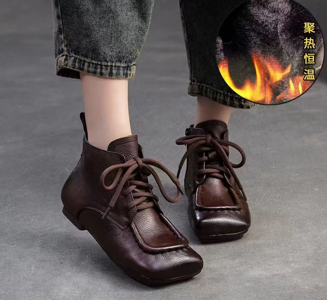 红2638牛皮时尚加棉平底女靴