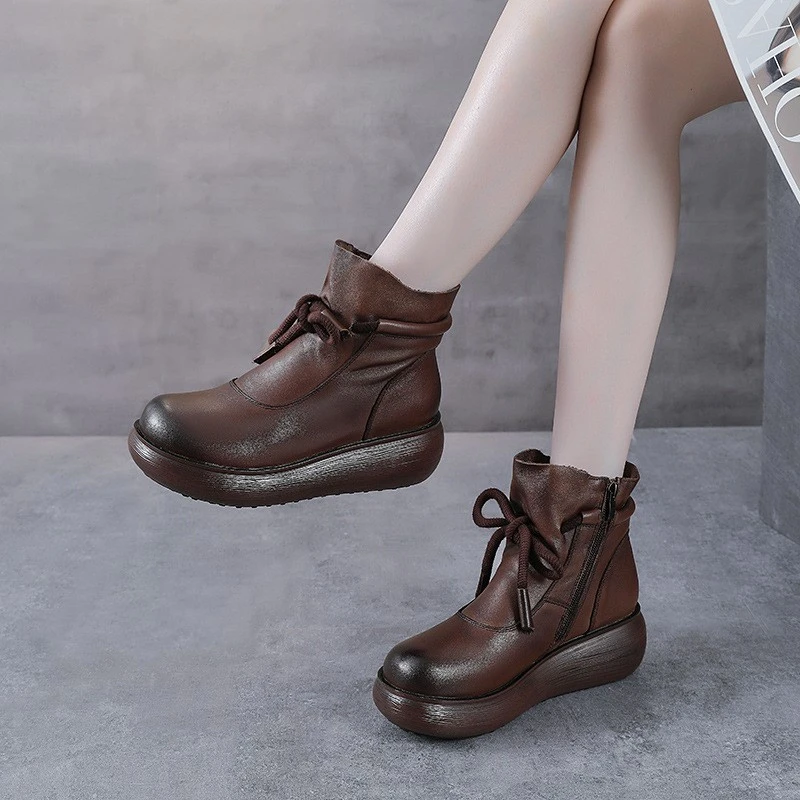 真皮女秋冬加绒棉靴复古休闲短靴厚底高帮靴子