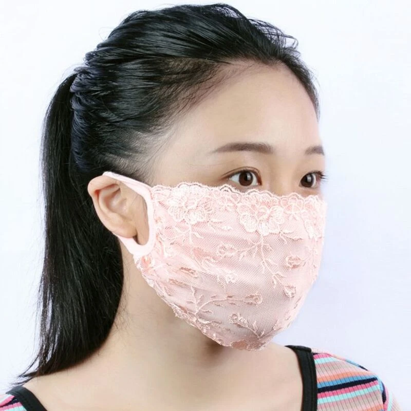 夏秋冬季女士薄款蕾丝加大双层防晒口罩防尘透气甜美网纱面罩5212