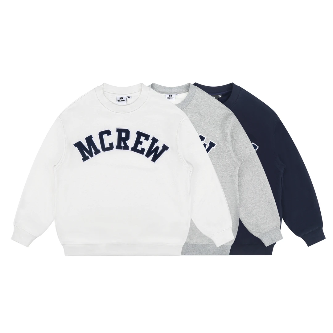 MCREW秋冬简约logo字母贴布绣藏青麻灰白色加绒套头圆领长袖卫衣