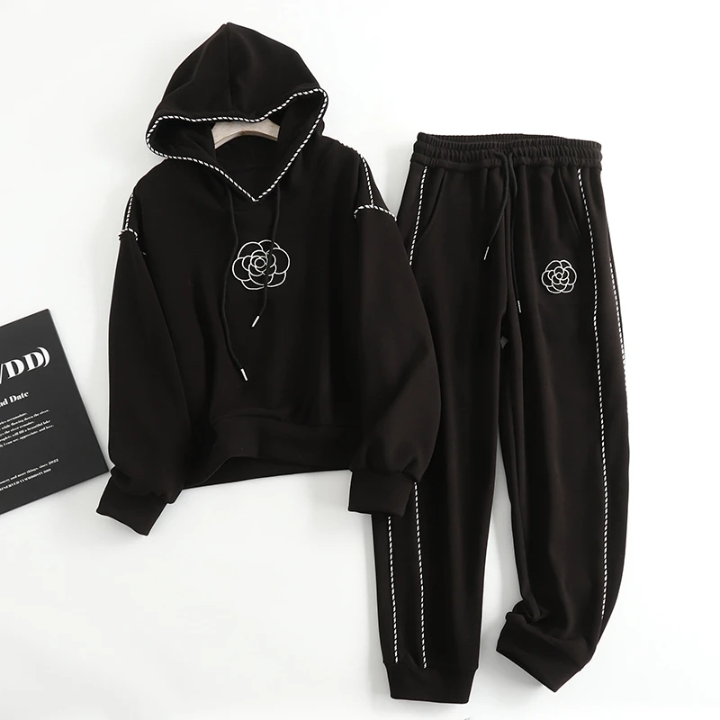 防风套装~连帽加绒刺绣宽松慵懒卫衣+束脚洋气卫裤百搭时尚休闲