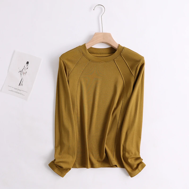 美拉德圆领长袖t恤女秋冬百搭打底衫内搭洋气磨毛上衣修身显瘦潮