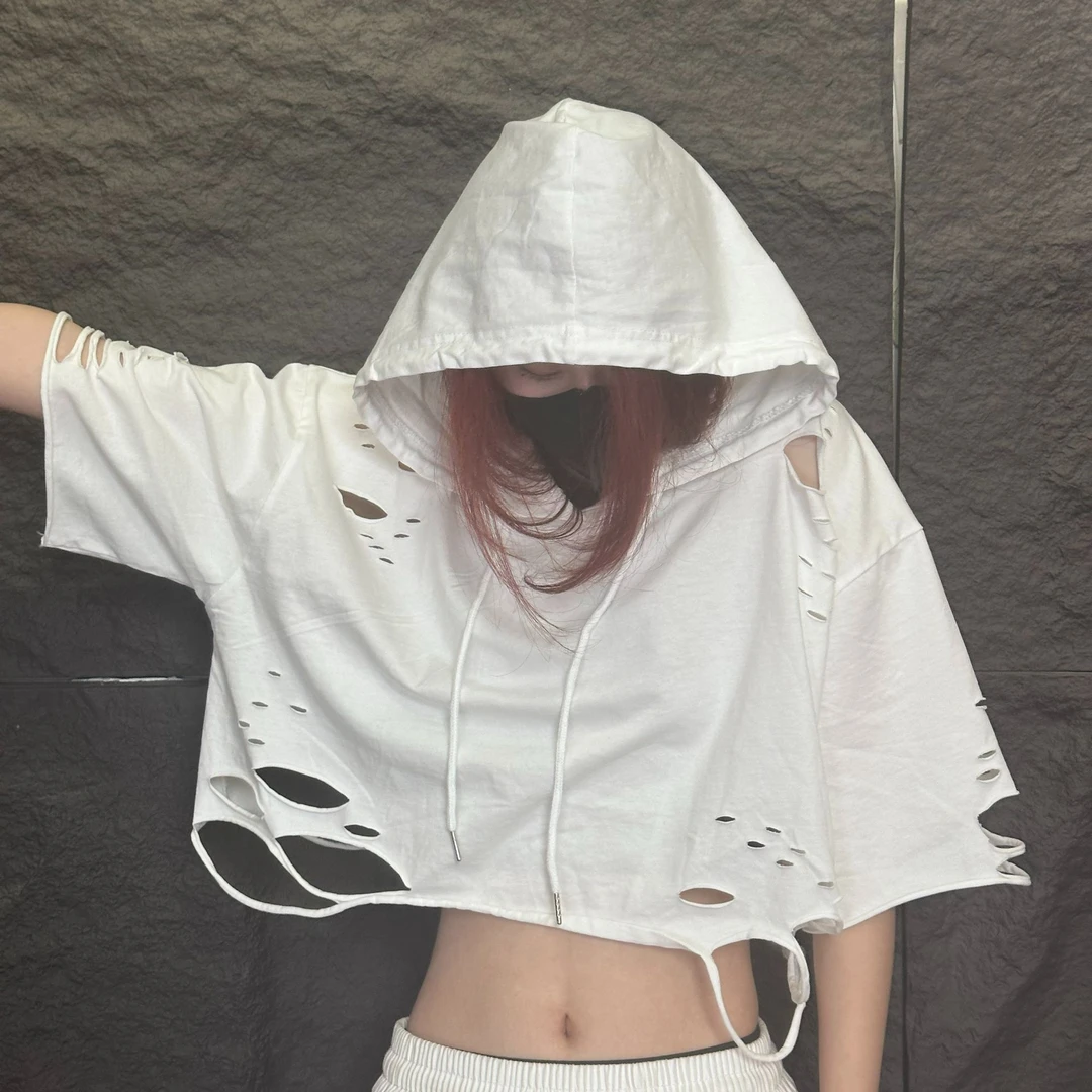 高街内搭破洞夏季叠穿白色打底衫乞丐风无袖T恤背心上衣男女潮流