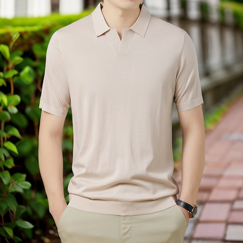 进口纱线海鸥领、冰丝翻领T恤衫爸爸Polo衫白色潮款黑色轻奢高档