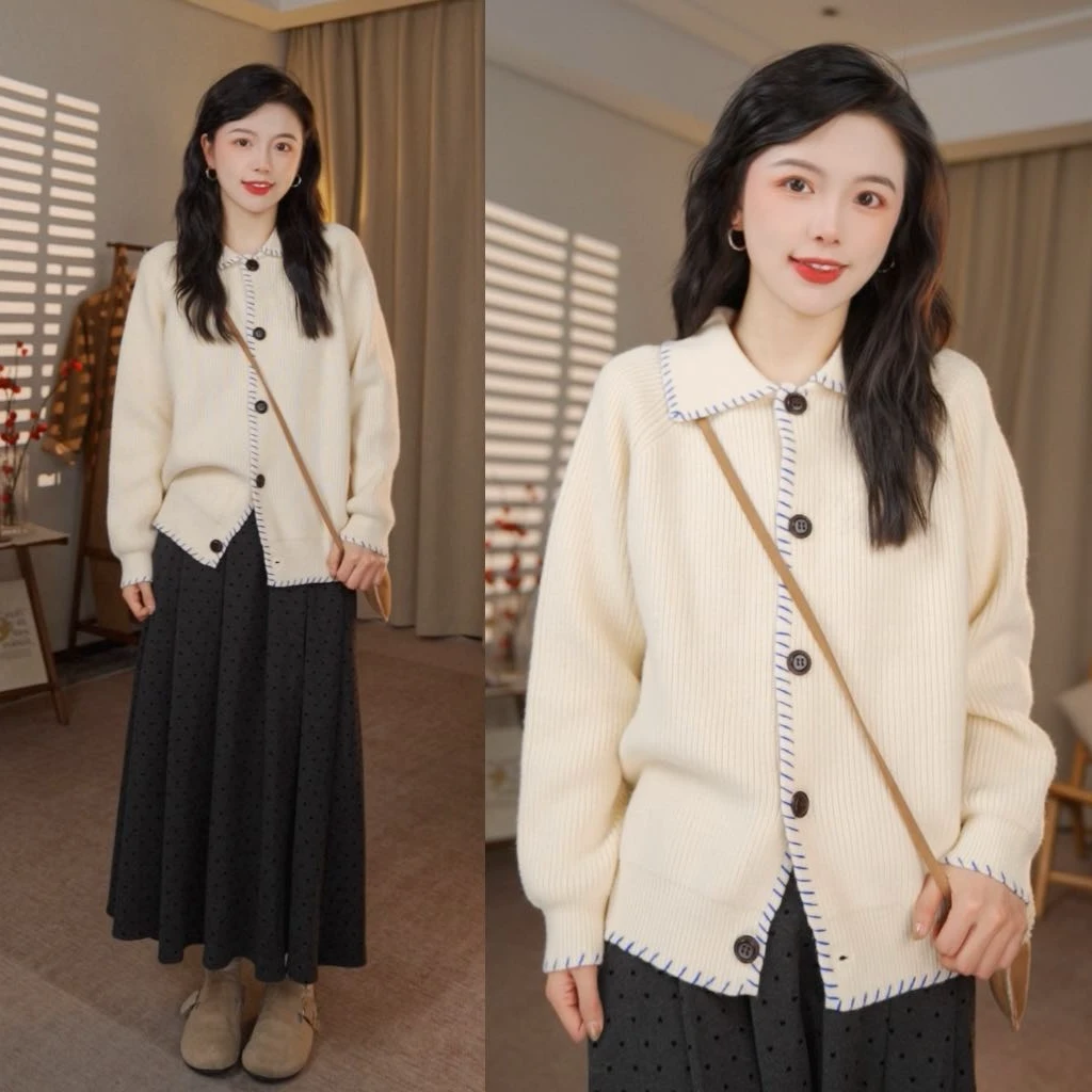 圆圆【锁边教程】纯色翻领缝边纽扣百搭文艺秋冬插肩袖毛衣 YY9387