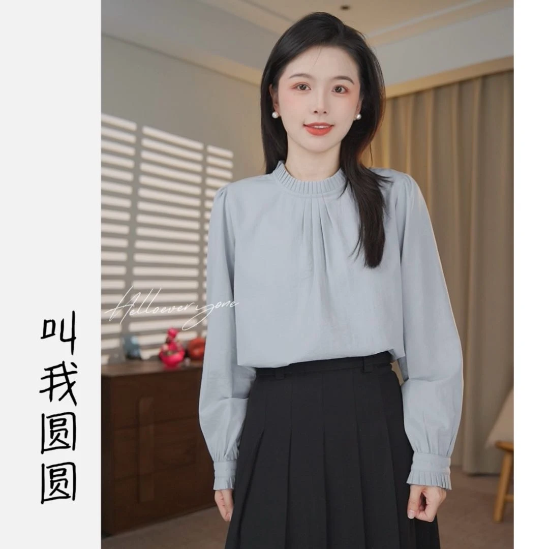 圆圆【小心意】时尚气质百搭好穿长袖木耳边压褶衬衫 YY 9277