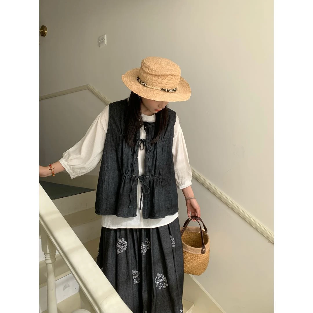 圆圆【岸芷汀兰】复古文艺气质无袖秋季时尚系带牛仔马甲 YY 8994