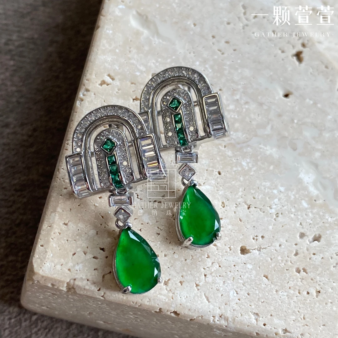 【伊丽莎白】一颗萱萱水滴豪华满绿翡翠银镶耳饰870003轻奢精致